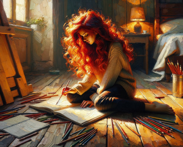 Young Woman Drawing in Cozy, Warm Room