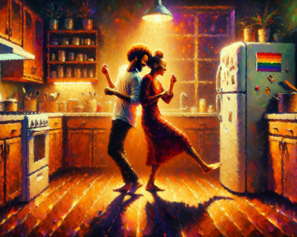 Couple Dancing in a Cozy Kitchen Setting