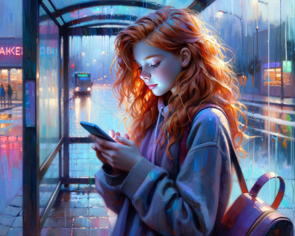 Young woman at bus stop in rain with warm street lights
