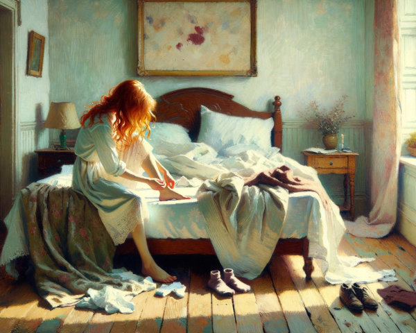 Classical Painting of Woman in Sunlit Bedroom