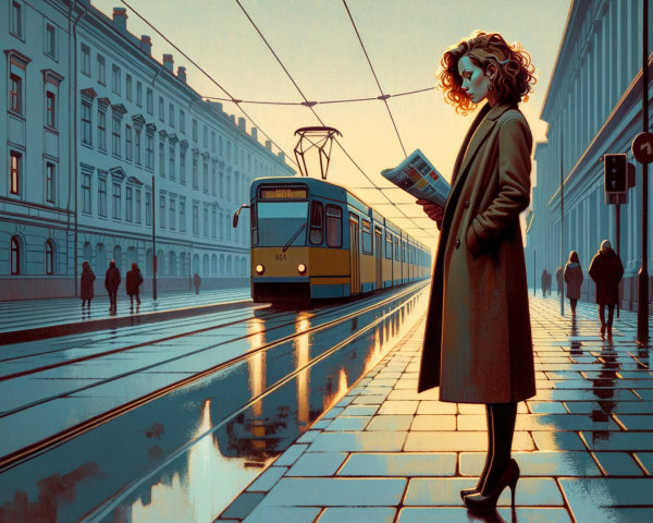 Young woman in trench coat on wet sidewalk at sunset