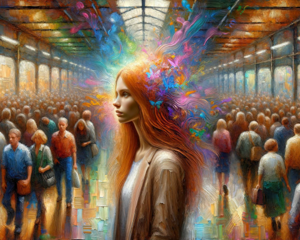 Woman with Orange Hair in Vibrant Abstract Crowd