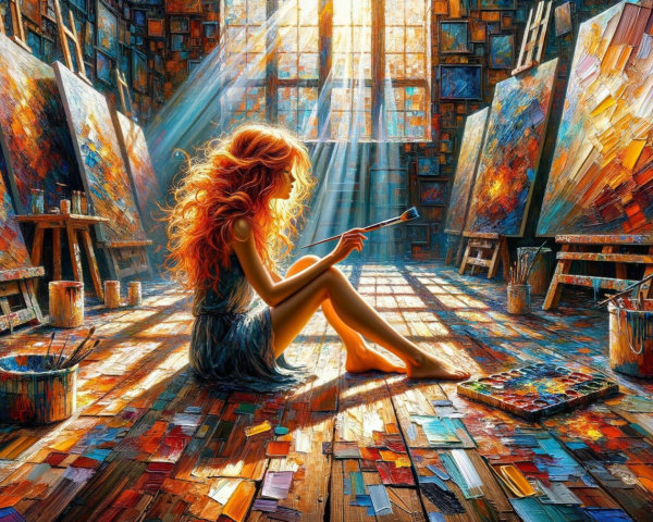 Young Woman in Art Studio Surrounded by Canvases