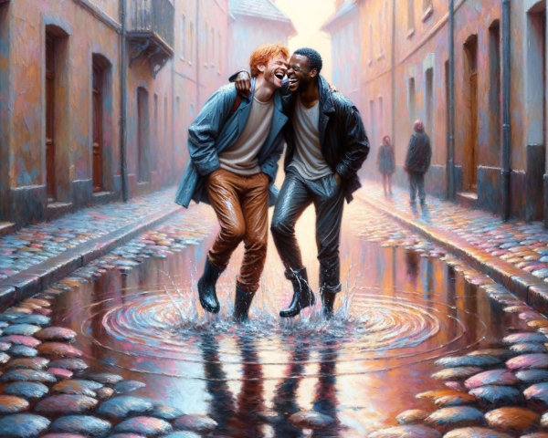 Joyful Friends Splashing in a Vibrant Rainy Street