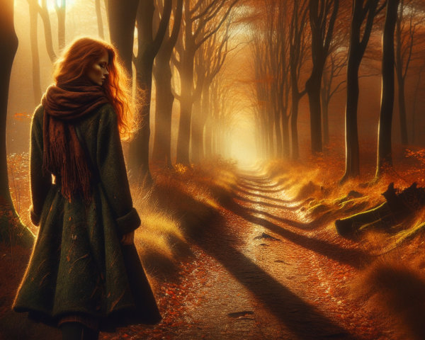 Solitary Figure in Enchanted Autumn Forest Path
