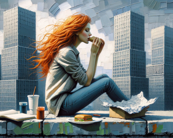 Young Woman with Burger Amidst Urban Skyscrapers