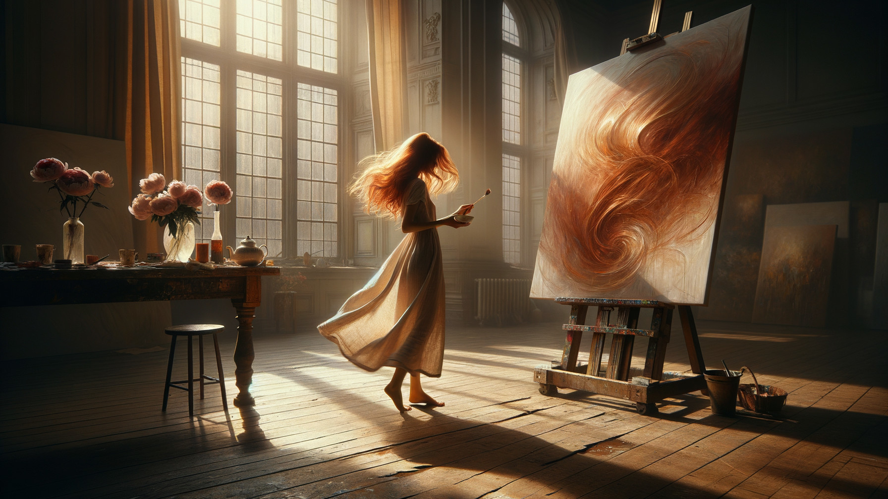 Sunlit Art Studio with Woman Dancing and Colorful Canvas