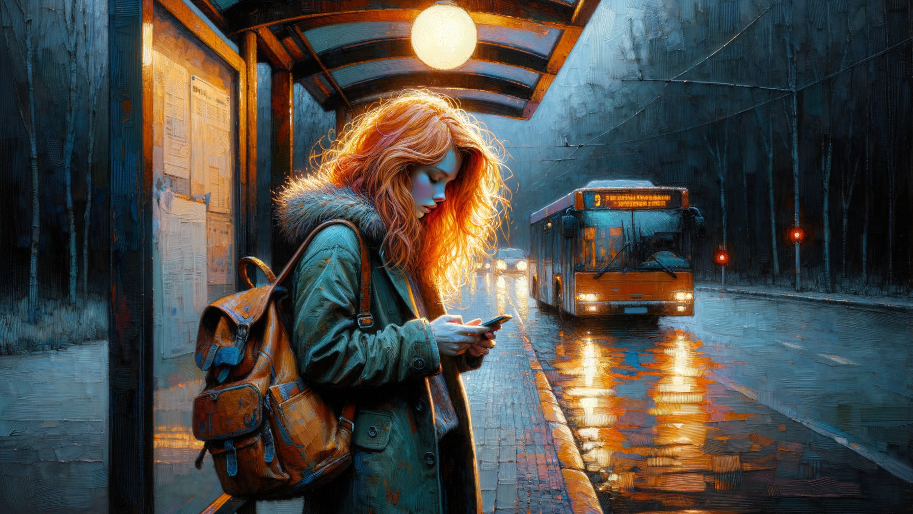 Young woman with red hair at a bus stop in rain