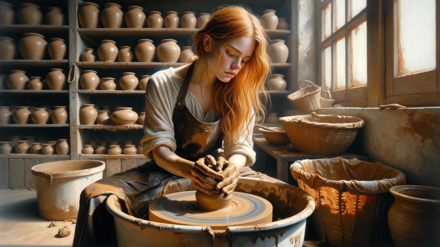 Young Woman Shaping Clay in Pottery Studio