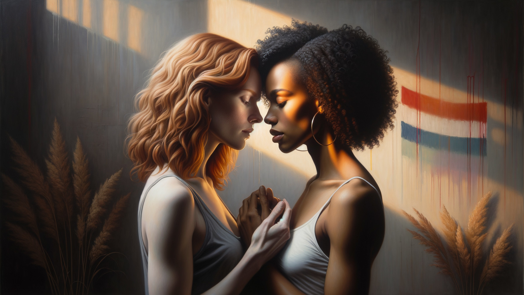 Tender Moment Between Two Young Women in Painting