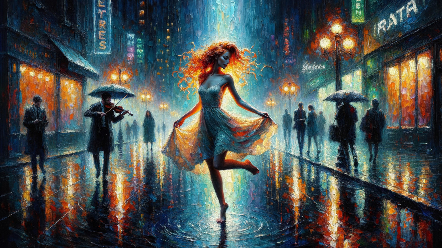 Joyful woman in blue dress on a rainy street scene