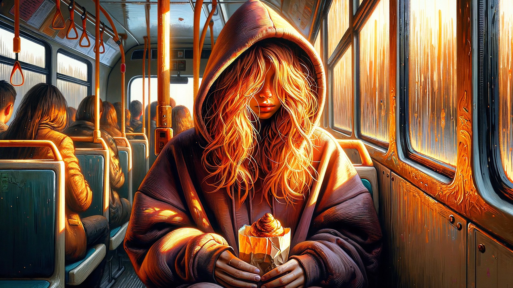 Girl in cozy hoodie on bus with golden light ambiance