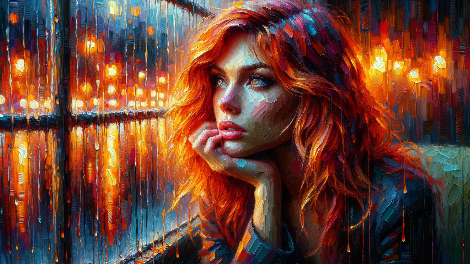 Young woman with red hair gazing out a rainy window