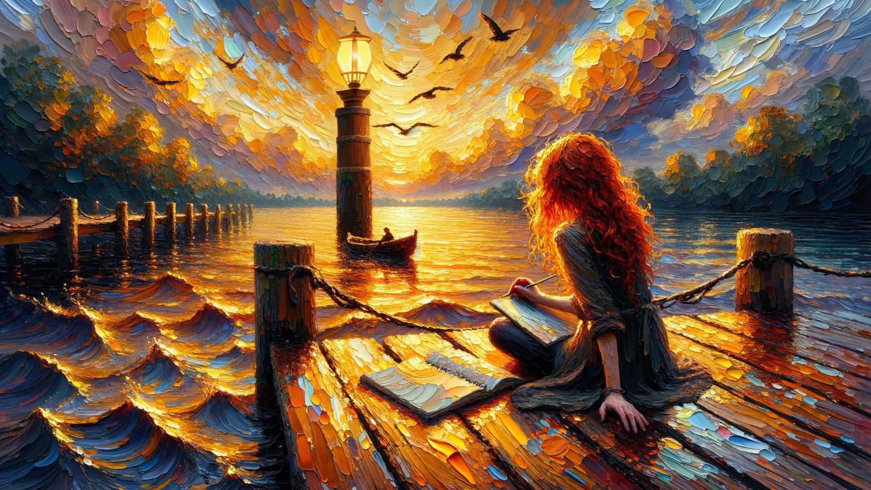 Red-haired woman sketches at sunset by serene river
