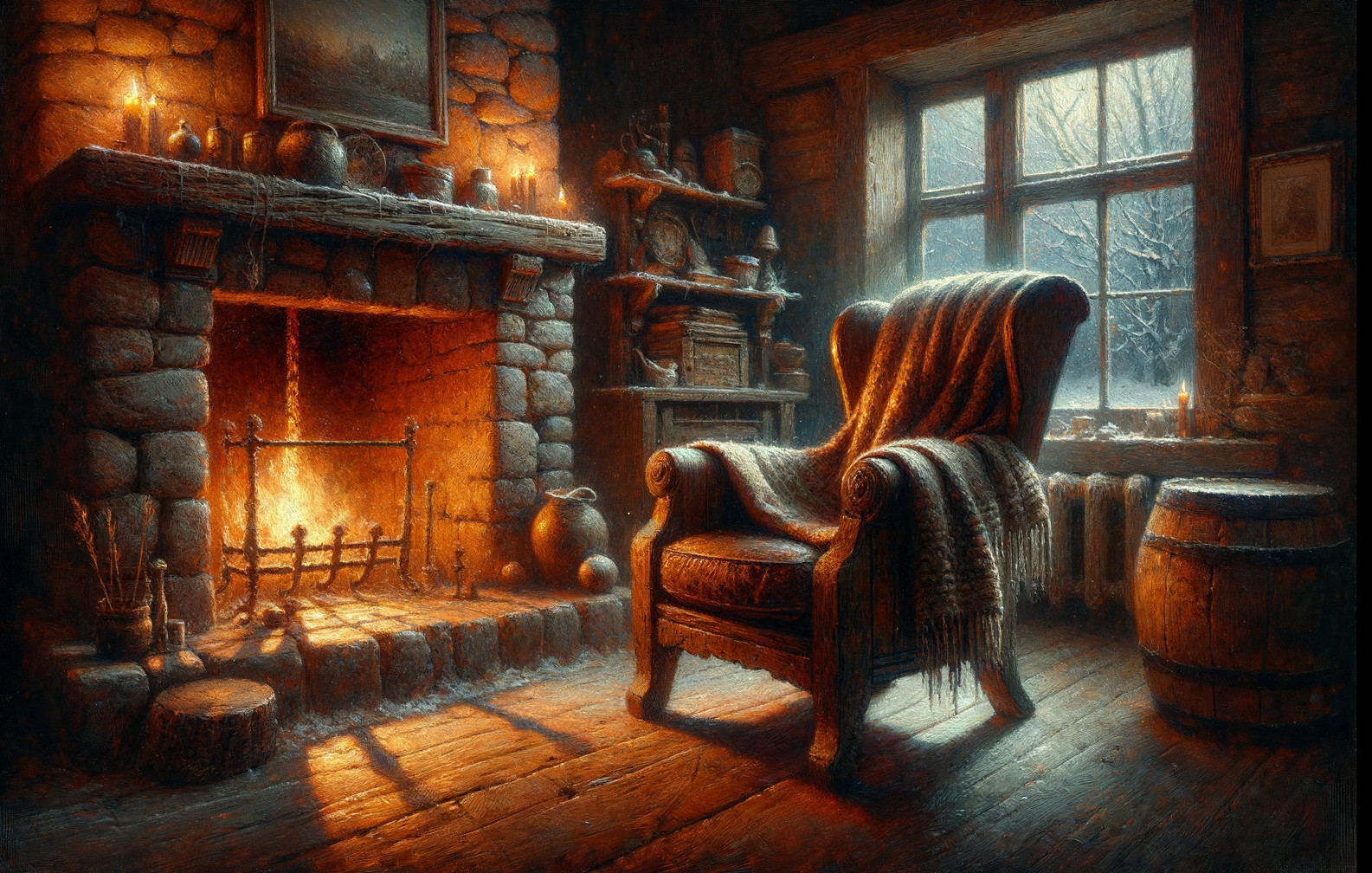 Cozy room with fireplace, armchair, and snow view