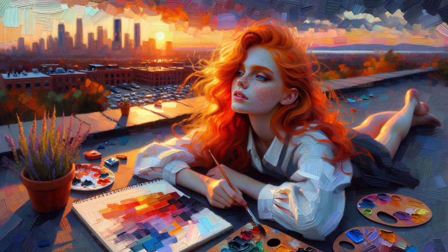 Young woman with red hair on rooftop at sunset