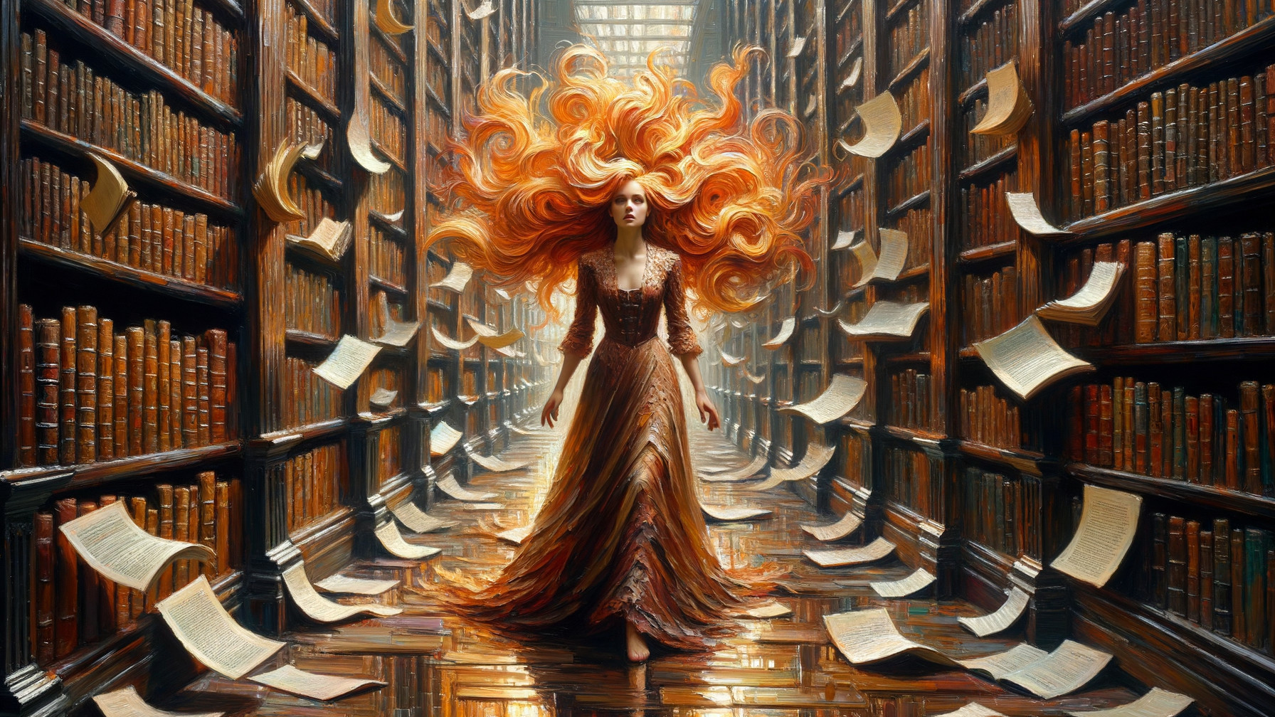 Woman with Red Hair in Grand Library Setting