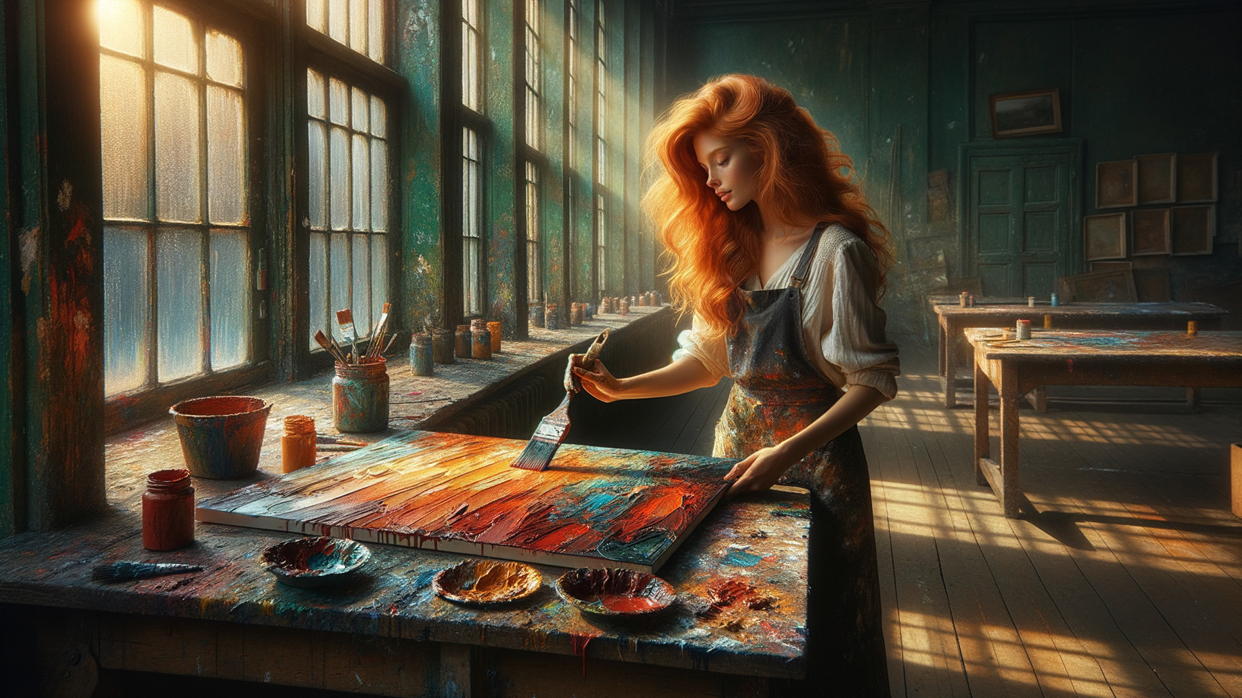 Young Woman Painting in Rustic Sunlit Studio