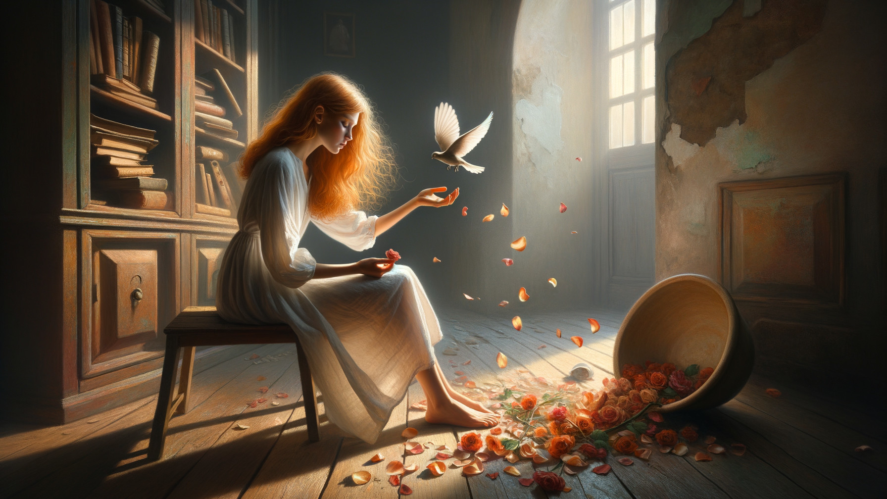 Serene Room with Young Woman and Delicate Bird