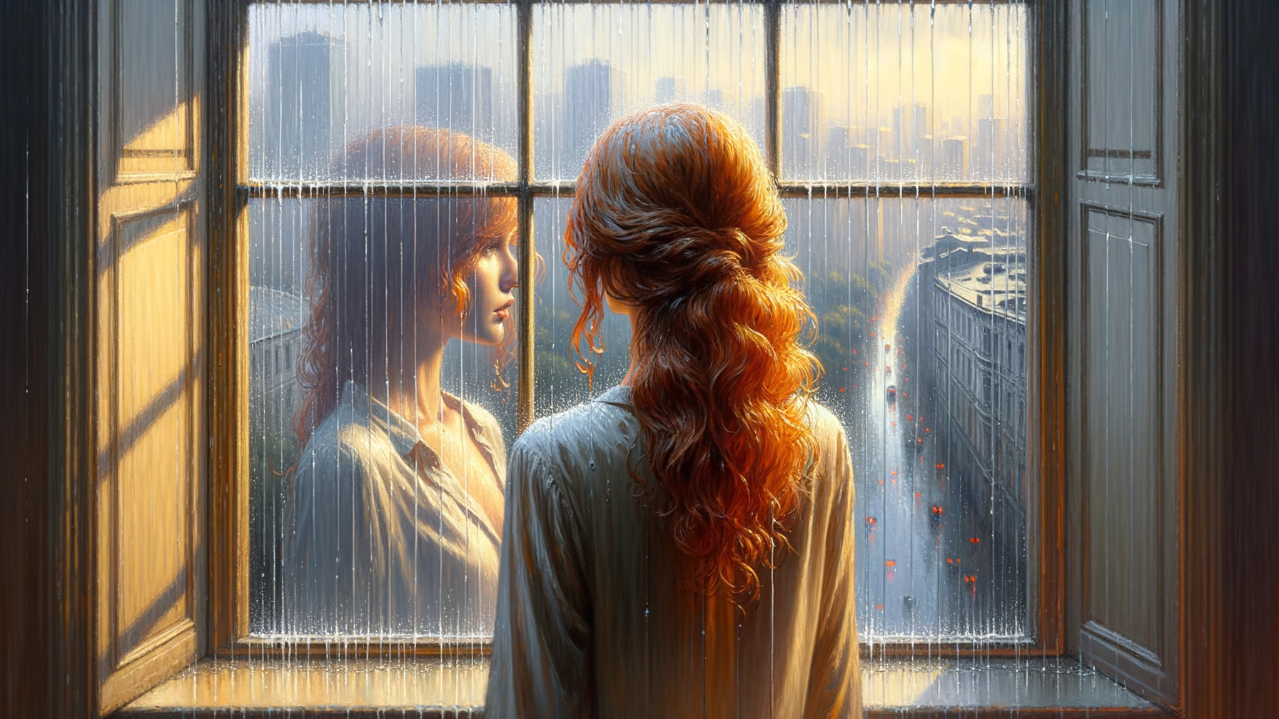 Woman with Red Hair Gazing at Rainy Cityscape