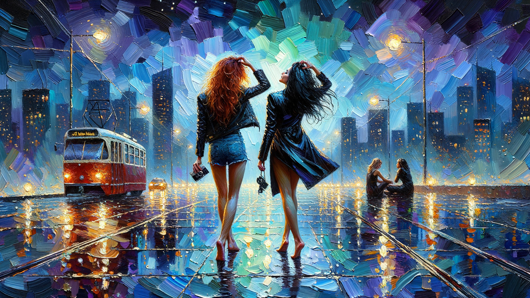 Women in Stylish Outfits Under Vibrant City Lights