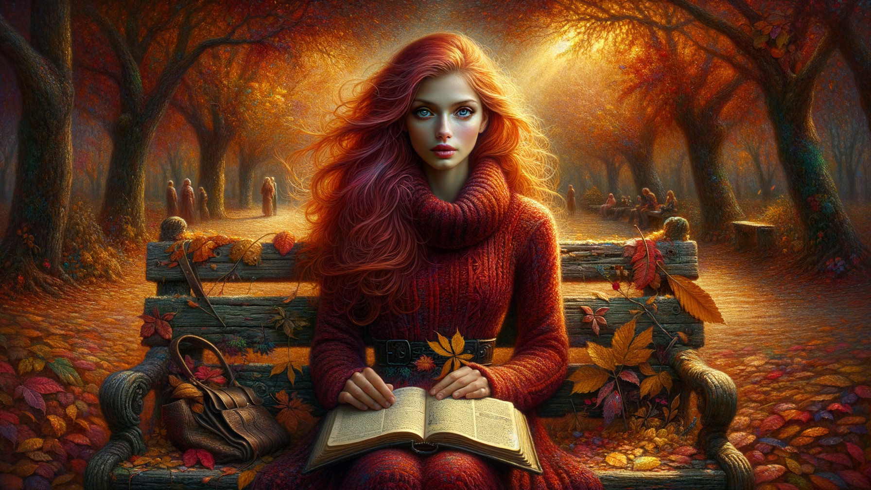Young woman reading on a bench in autumn park