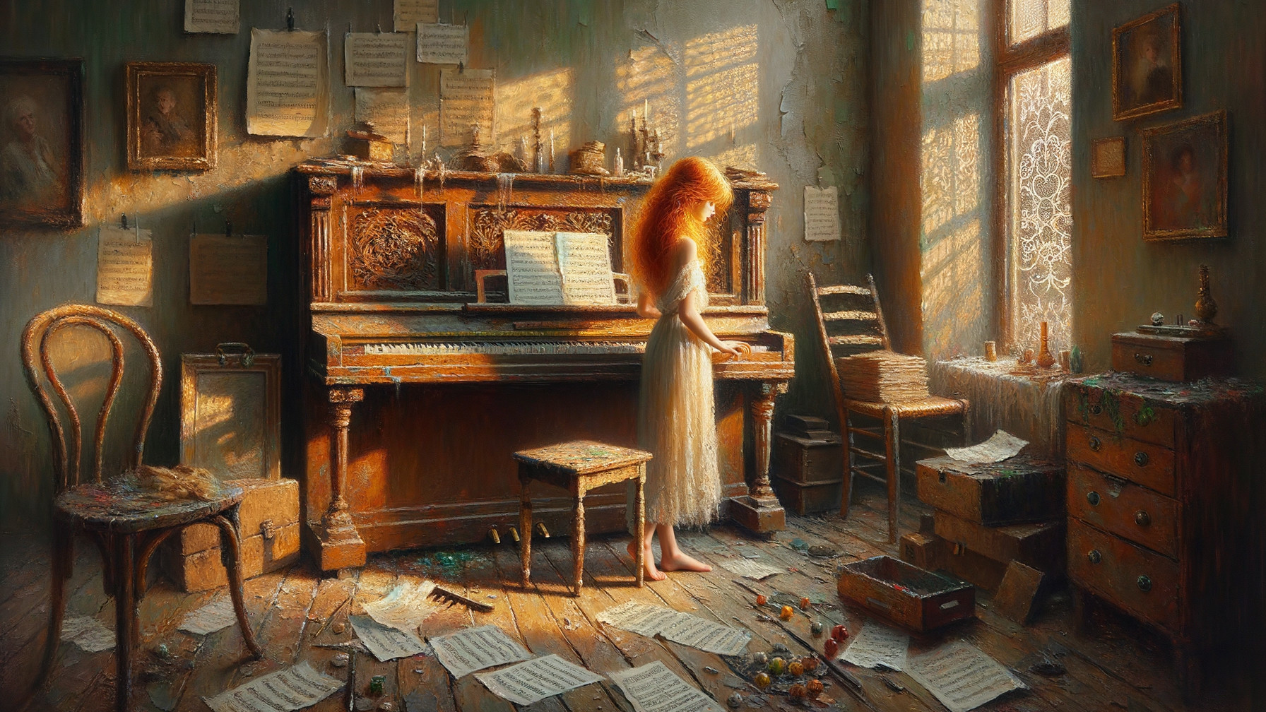 Young girl playing piano in a sunlit vintage room