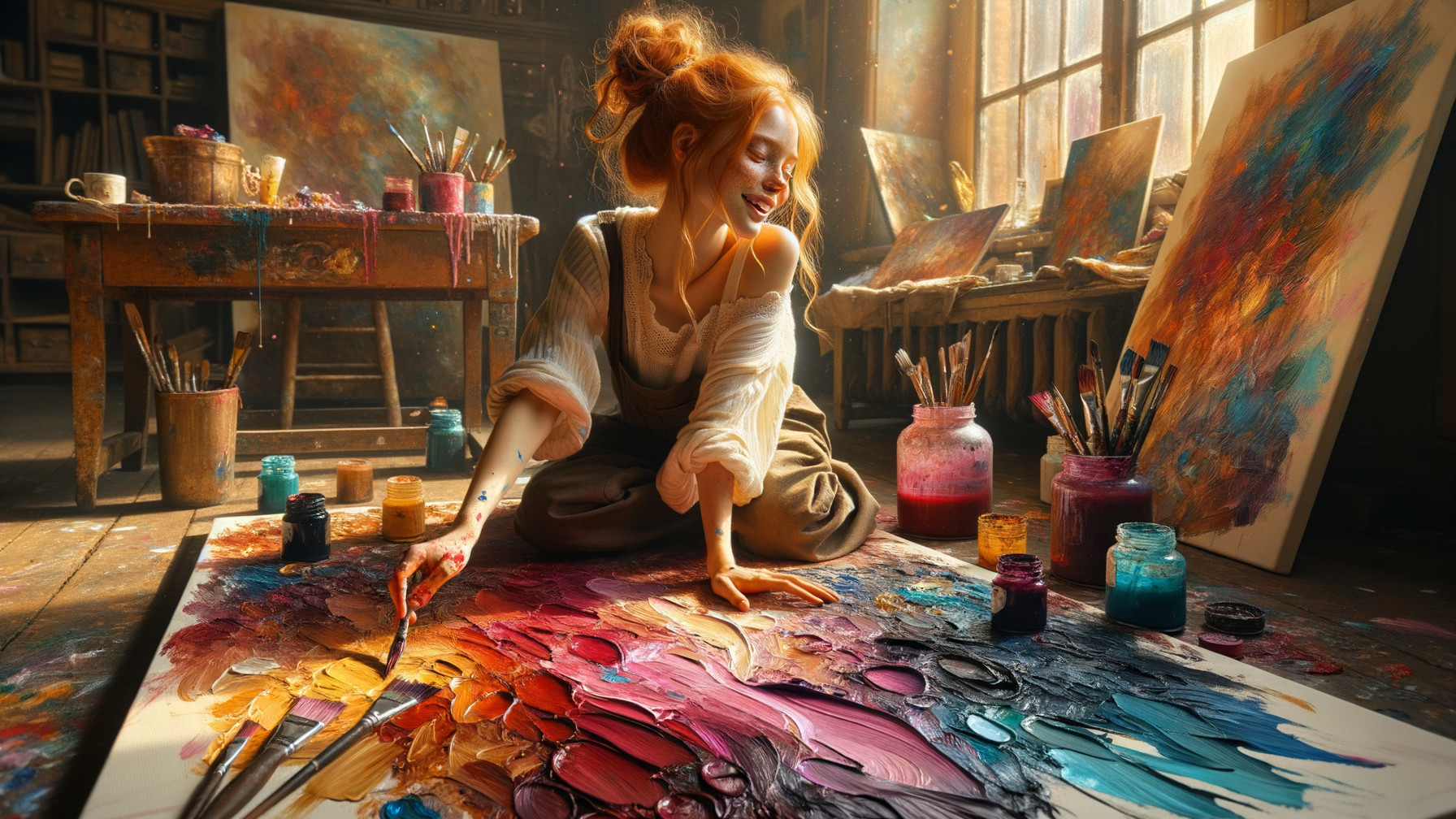 Cozy Artist's Studio with Colorful Painting Scene