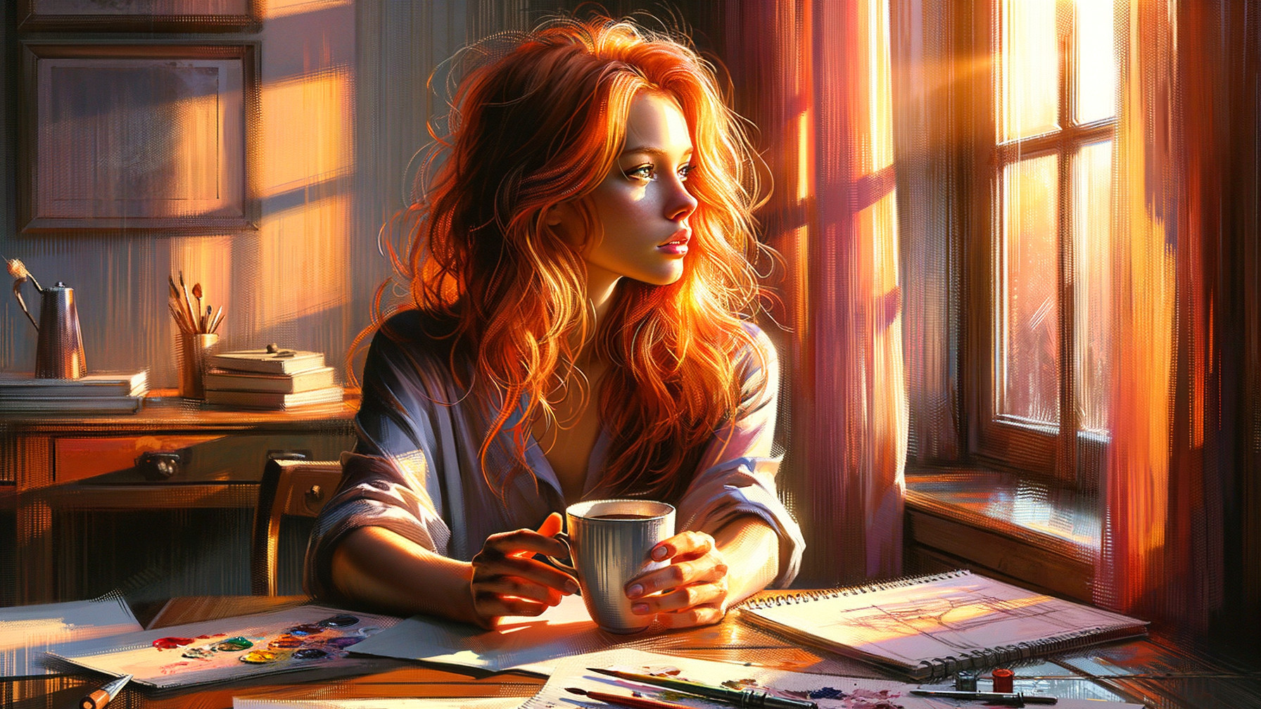 Woman with Red Hair in Sunlit Room with Art Supplies