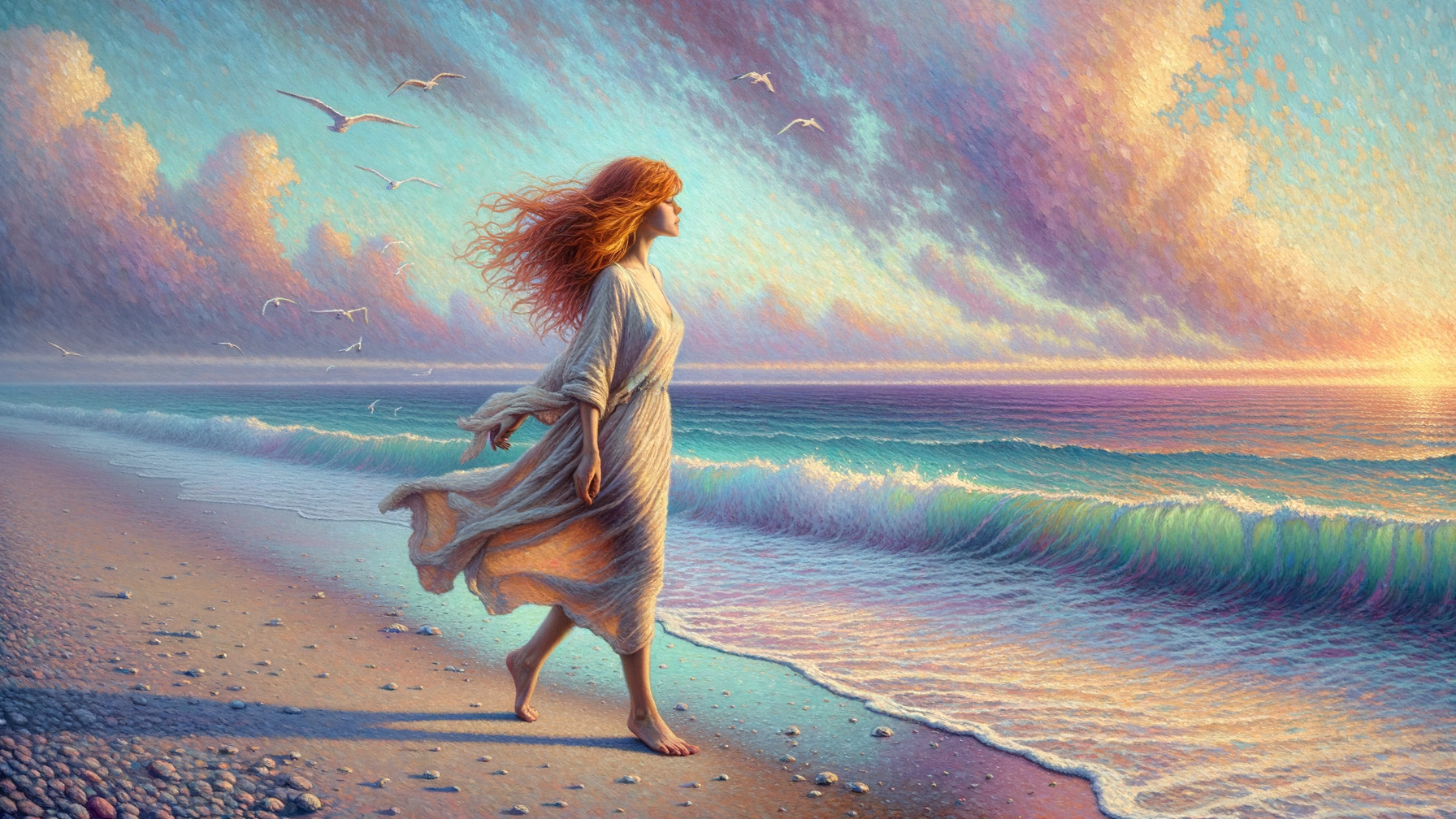 Woman in White Dress on Serene Beach at Sunset