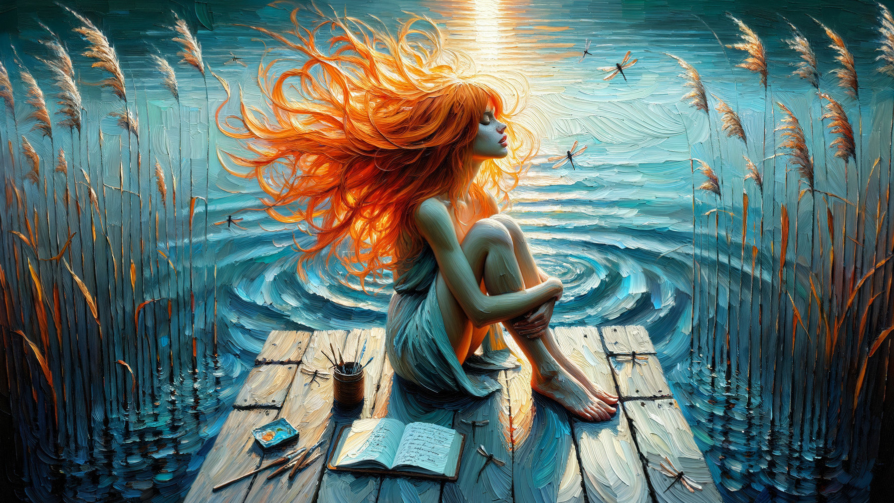 Tranquil Lake Sunset with Young Woman and Reeds
