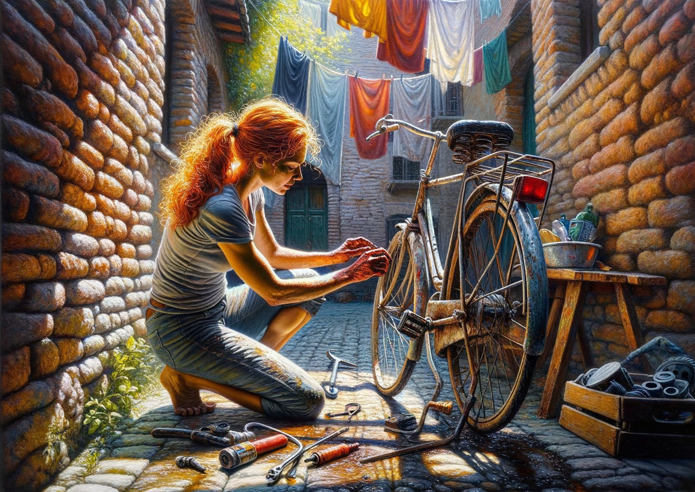 Realistic Digital Painting of a Woman Repairing a Bicycle