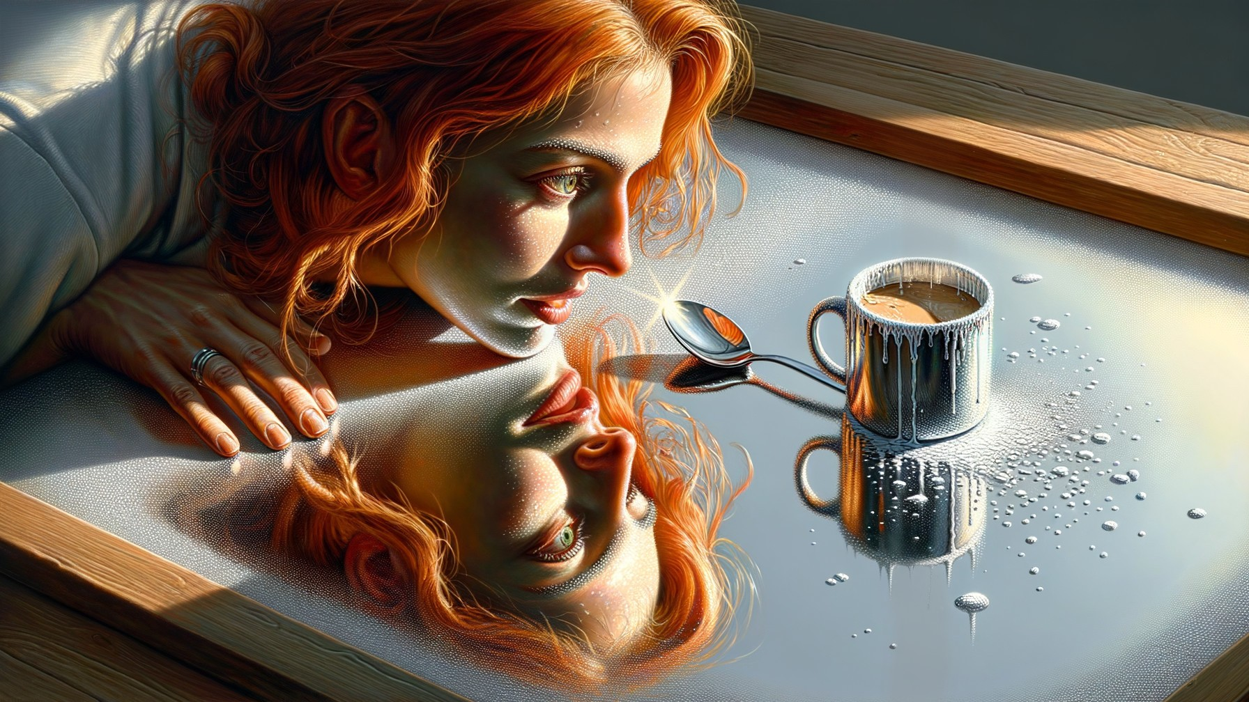 Woman with Red Hair Reflecting in a Shiny Surface