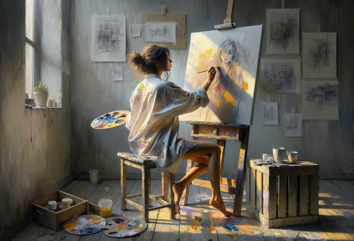 Young artist painting in a sunlit creative space