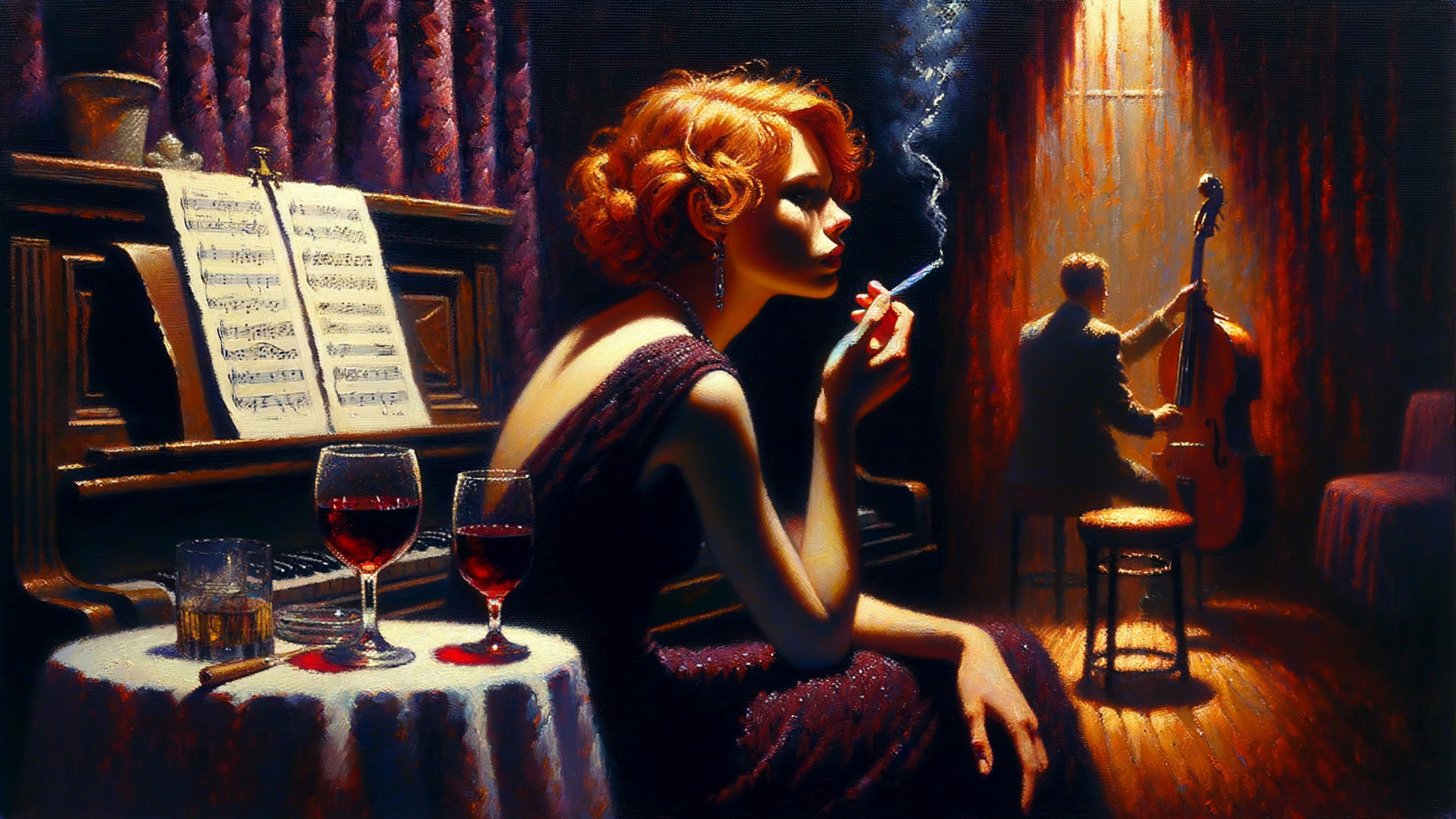 Elegant woman in dress with wine and musician in room