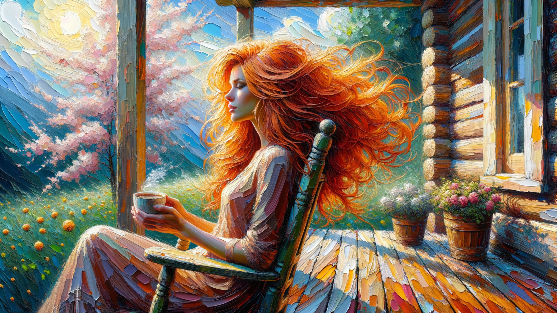 Woman with Red Hair on Porch Surrounded by Nature
