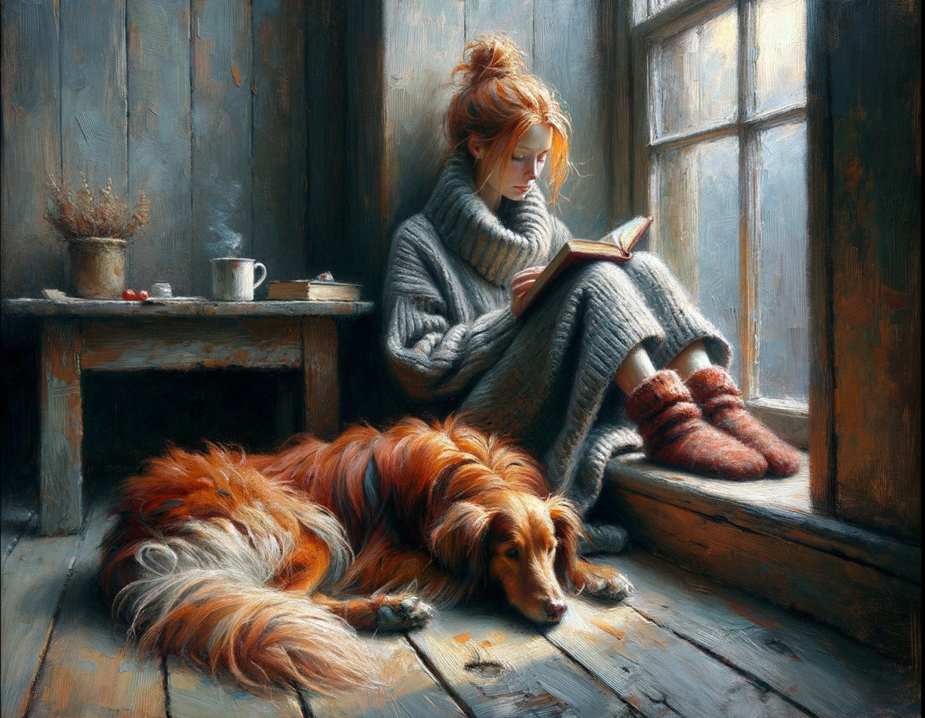Young woman reading with dog by sunny window