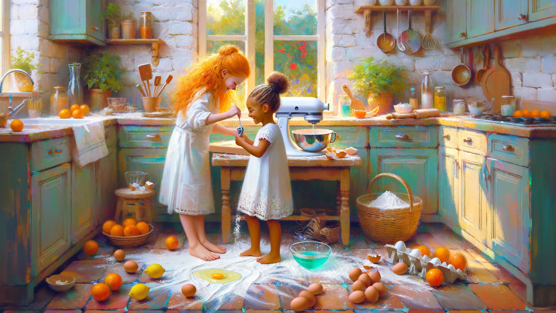 Girls Baking in a Sunlit Kitchen with Ingredients Messy