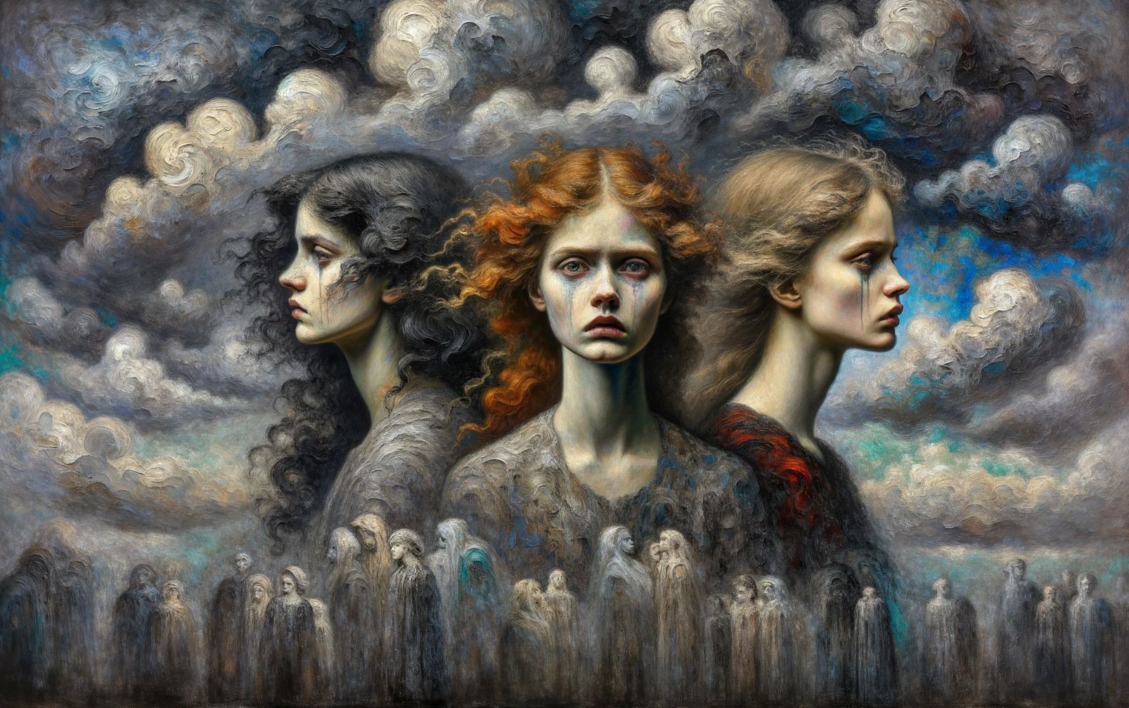 Three Young Women with Distinct Emotions in Art