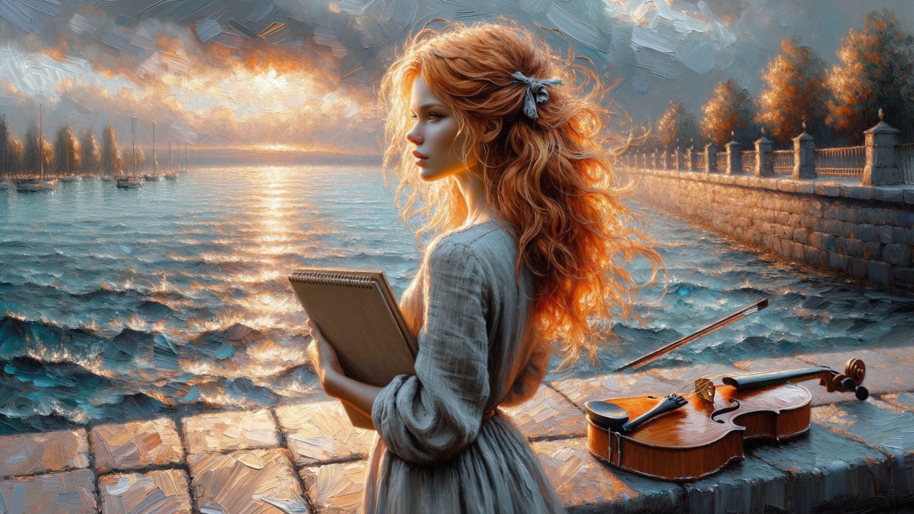 Young Woman by Waterfront at Sunset with Sketchbook
