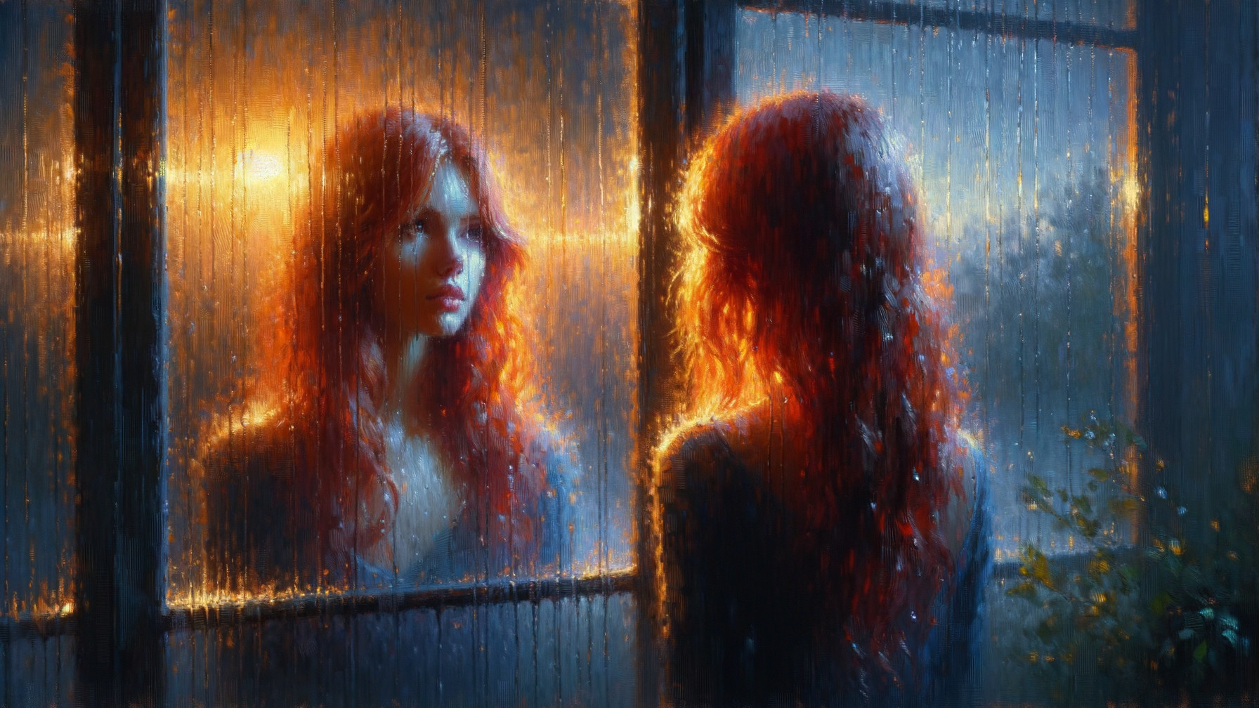 Woman with Red Hair Gazing Out a Rainy Window