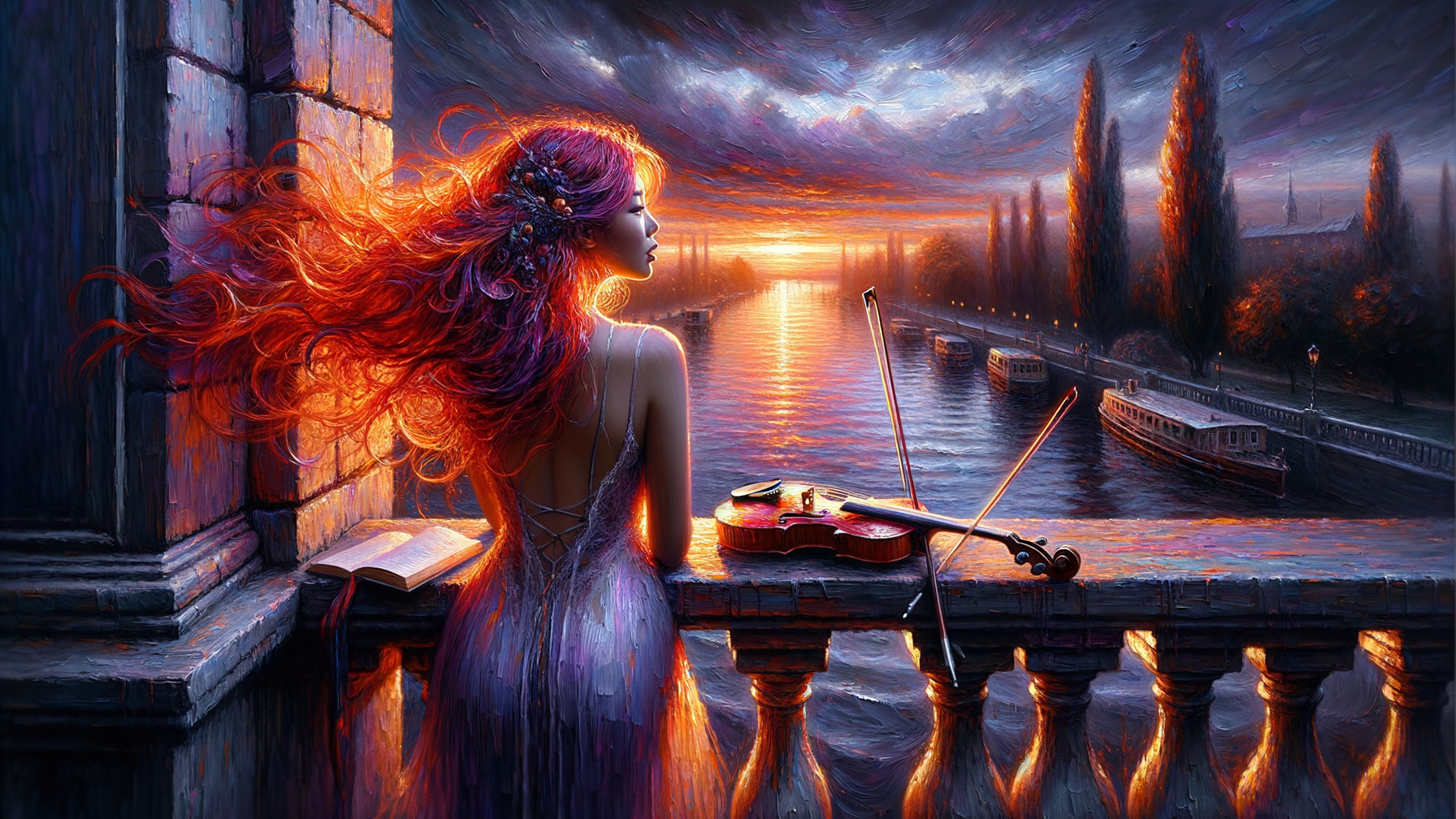 Woman with Red Hair at Sunset by Tranquil River