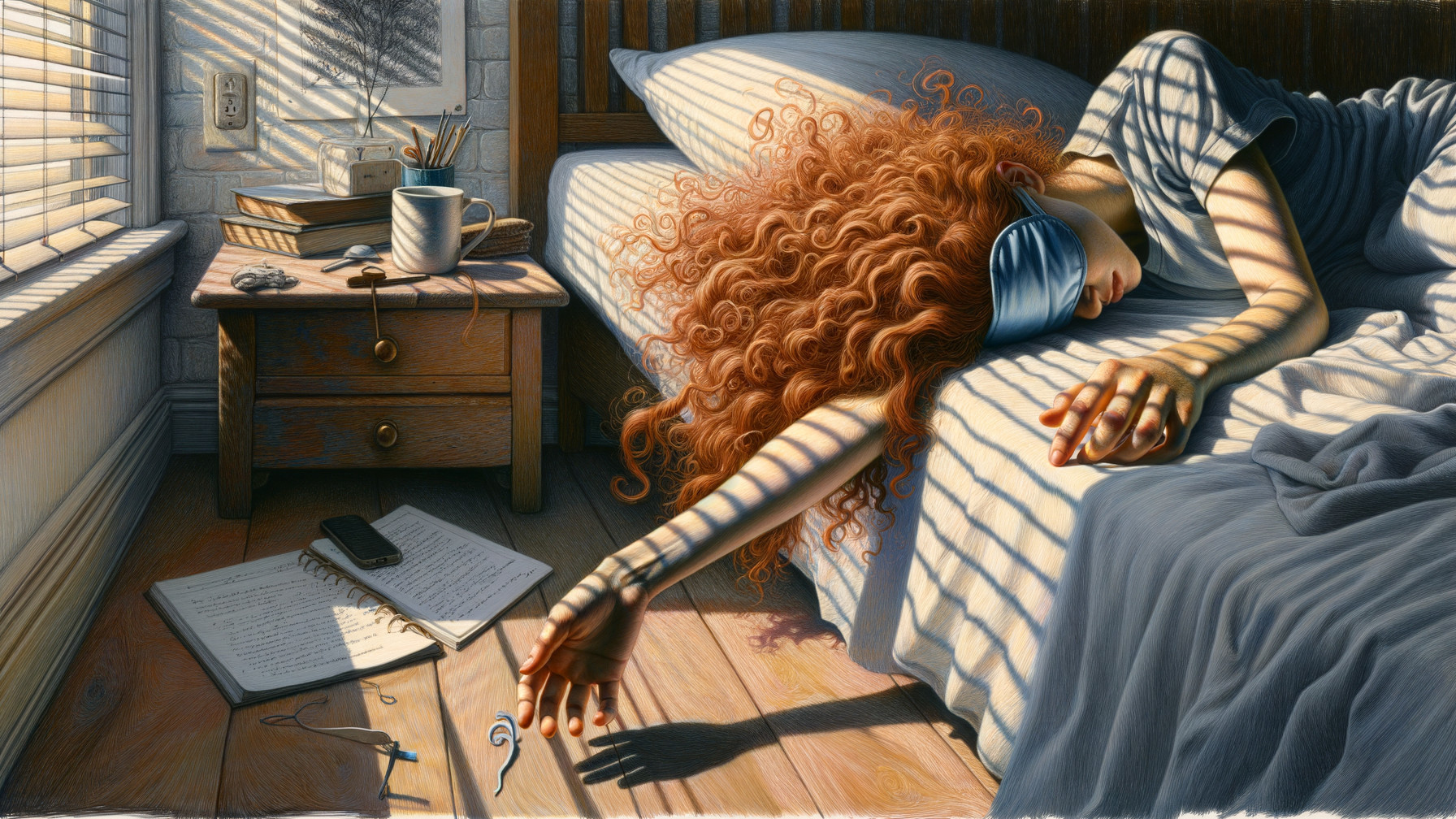 Woman with Curly Red Hair Asleep in Morning Light