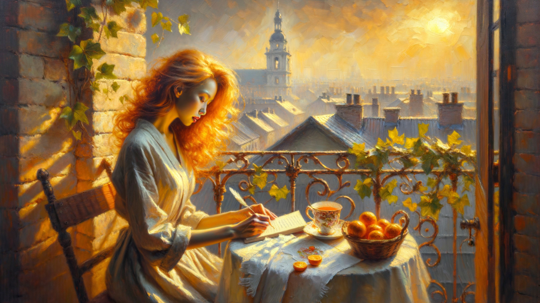 Serene morning scene of a woman writing on a balcony