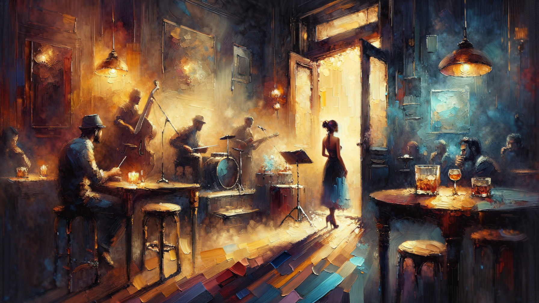 Dimly Lit Jazz Bar with Cozy Atmosphere and Music