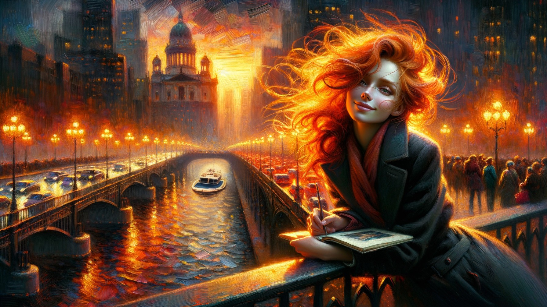 Vibrant Cityscape at Sunset with Historic Architecture