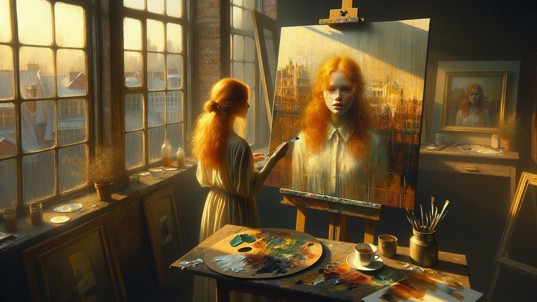 Young Woman Painting Abstract Portrait in Sunlit Studio