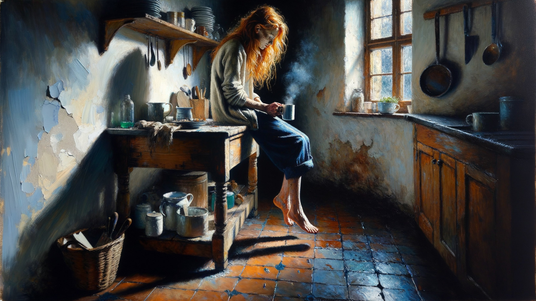 Woman in Rustic Kitchen with Steamy Cup