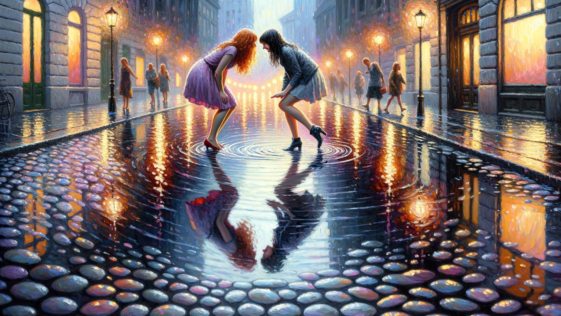 Girls Playfully Splashing in Rainy Street Puddles