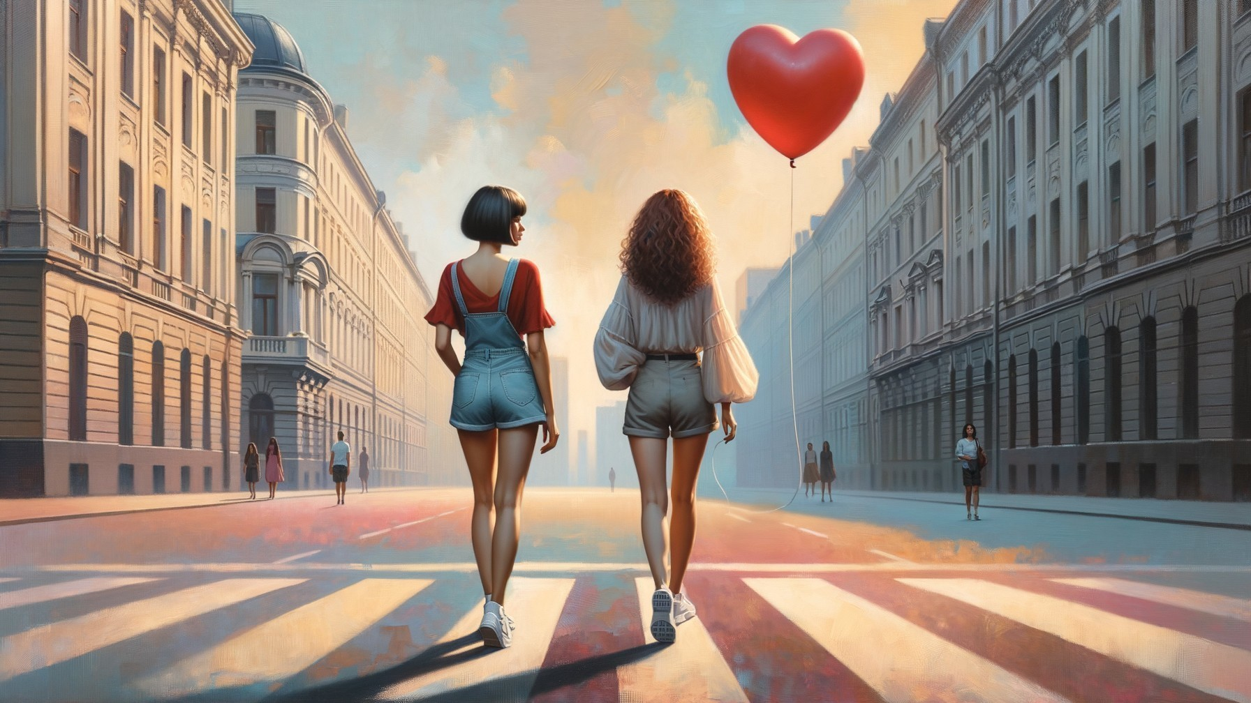 Women Walking Hand in Hand on a Misty City Street